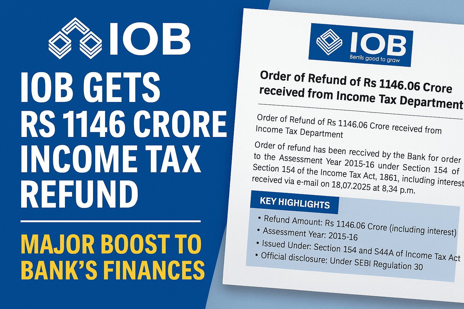 IOB Gets Rs 1146 Crore Income Tax Refund – Major Boost to Bank Finances