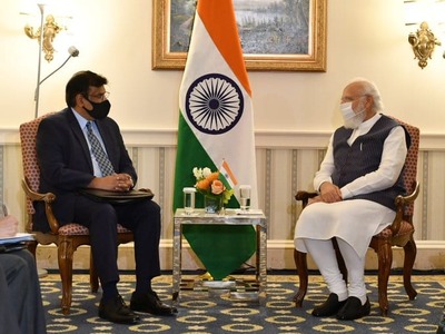 प्रधानमंत्री नरेंद्र मोदी ने अमेरिका में की जनरल एटॉमिक्स के सीईओ से  मुलाकात, ड्रोन तकनीक में भारत की प्रगति को बढ़ाने पर चर्चा।